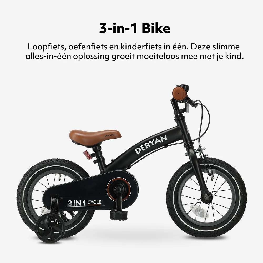 DERYAN 3-in-1 Kinderfiets 14 inch – Loopfiets en Fiets Zwart, Zijwieltjes, Deryan, Velgrem, Ophalen of Verzenden
