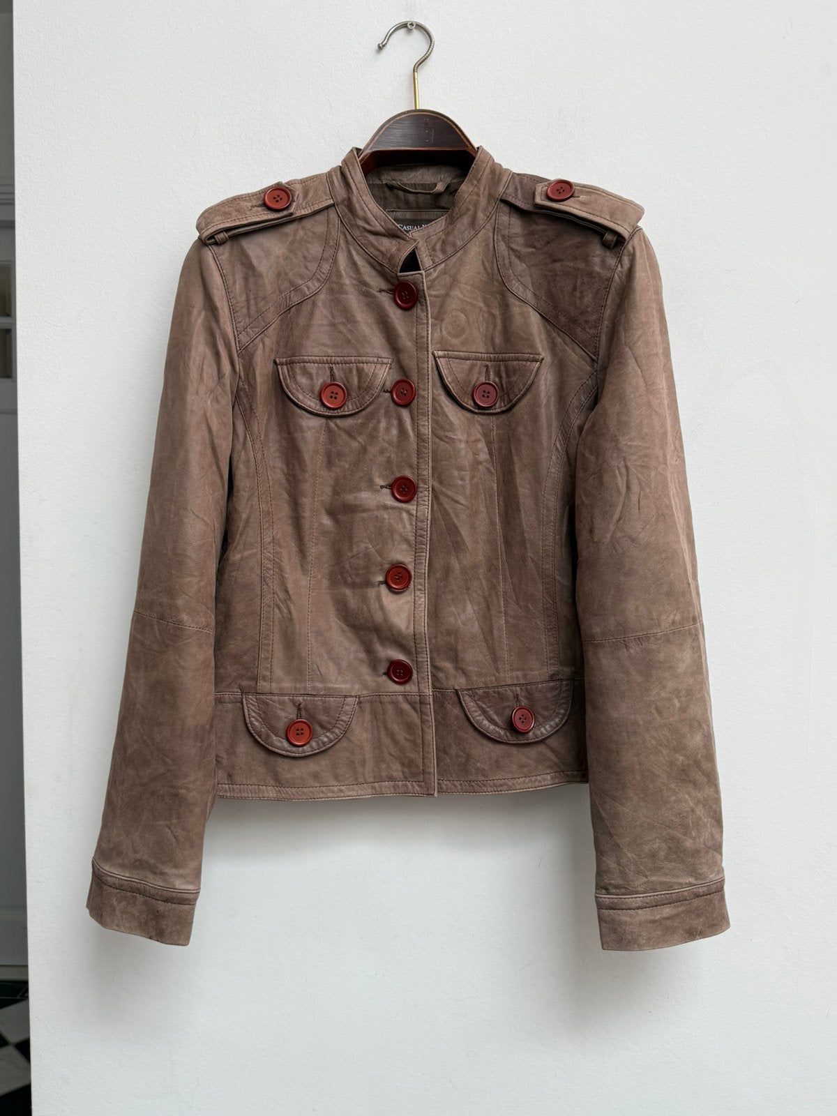 Casual Wear for Comfort Taupe Leren Militaire Jas Maat 42, Kleding | Dames, Ophalen of Verzenden, Zo goed als nieuw, Maat 42/44 (L)