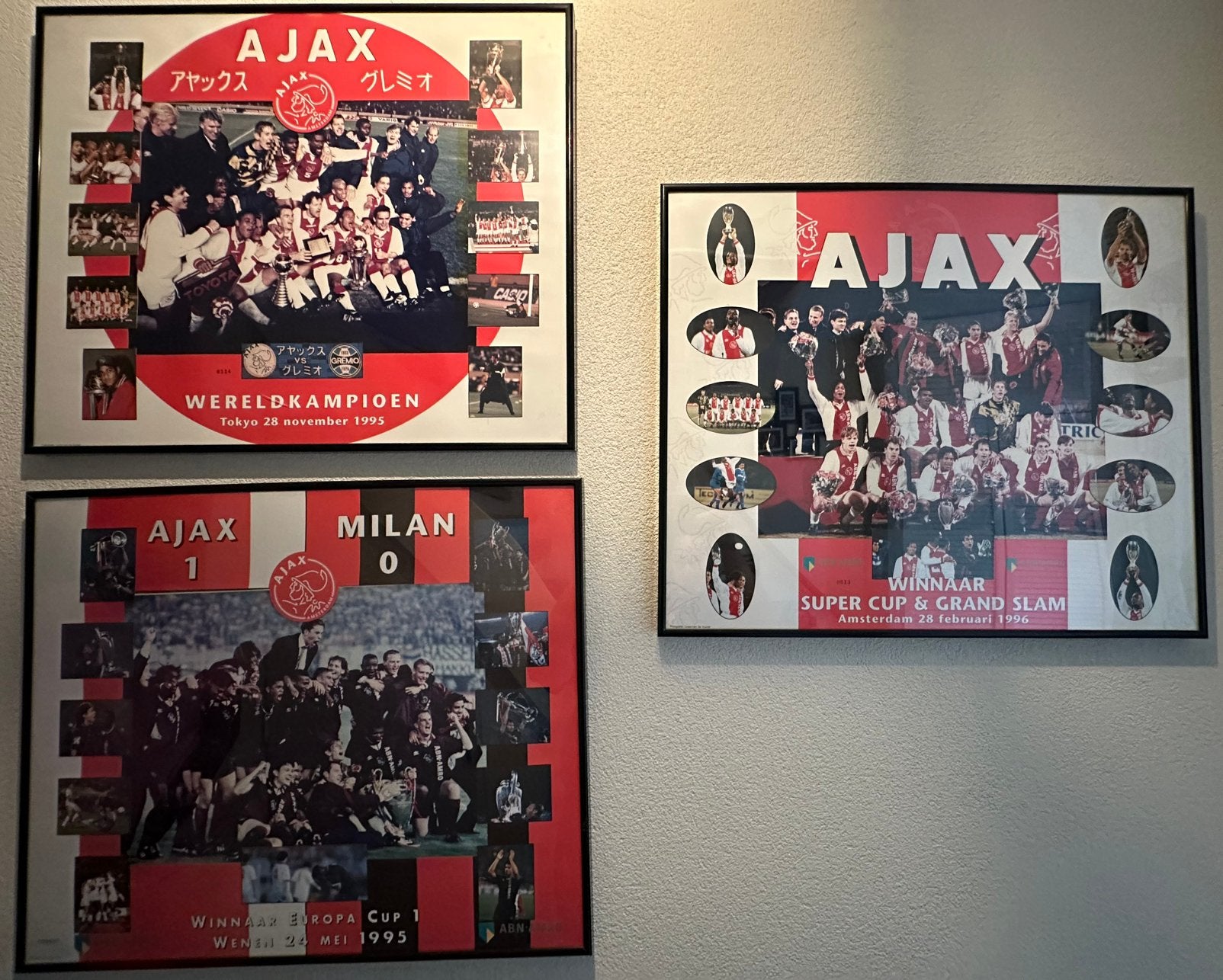 Ajax 1995 triologie grandslam 3x genummerd fotos in lijst, Verzamelen, Sportartikelen en Voetbal, Ophalen, Zo goed als nieuw, Ajax