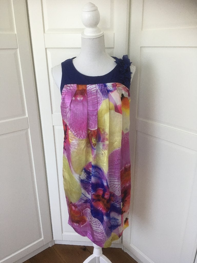 Mariella Rosati zgan zuiver zijde floral mouwloze jurk 38 M, Maat 38/40 (M), Blauw, Ophalen of Verzenden, Zo goed als nieuw