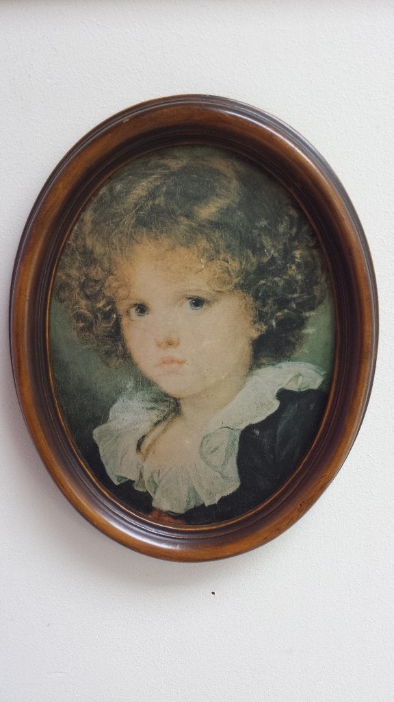 Brocante SCHILDERIJ ~ Jongen met Rode Vest ~ op ZIJDEN stof, Minder dan 50 cm, Gebruikt, Ophalen of Verzenden, Schilderij