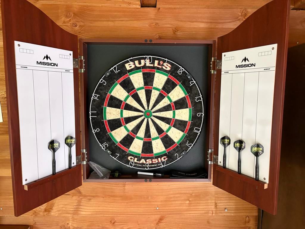 Dartbord in houten kast met pijlen, Sport en Fitness, Darts, Ophalen, Gebruikt, Dartbord met pijlen