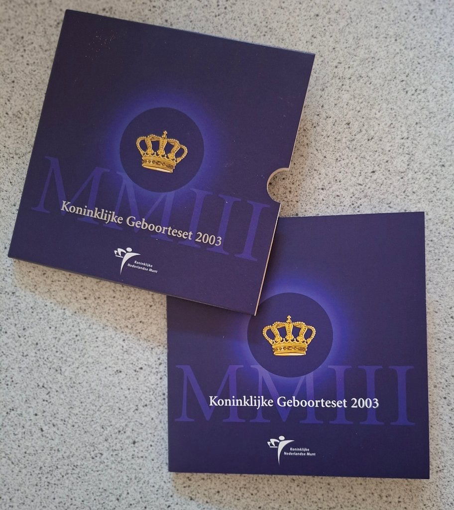 Koninklijke geboorteset Amalia 2003 + jaarset+zlvr. penning, Koningin Beatrix, Zilver, Euro's, Verzenden