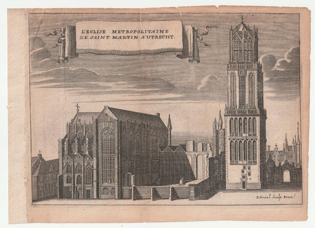 Gravure Utrecht Domtoren kerk te Utrecht ca. 1700 P. Devel, Verzenden, Stadsgezicht, Gravure, Blanco verso