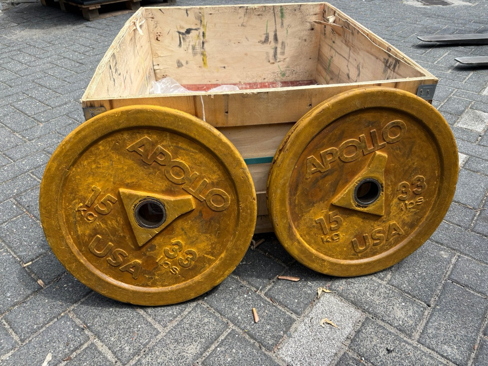 2 x 15 kg Olympische bumperplates 50 mm, Ophalen, Halterschijven, Gebruikt, 2 x 15 kg