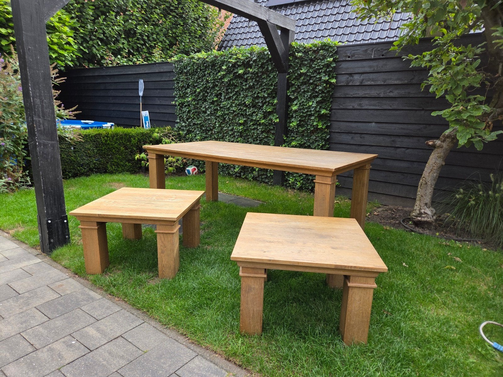 Massief eiken houten tafels - set van 3, Tuin en Terras, Tuintafels, Ophalen, Gebruikt, Rechthoekig, Hout