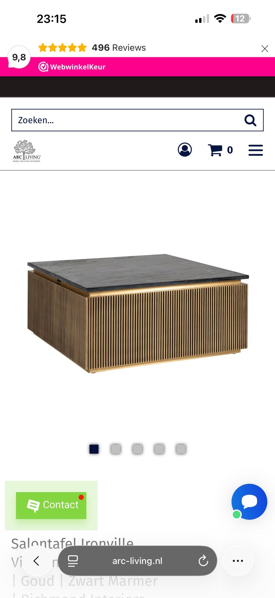 Salontafel Ironville - Goud | Zwart Marmer, Ophalen, 50 tot 100 cm, Zo goed als nieuw, Metaal