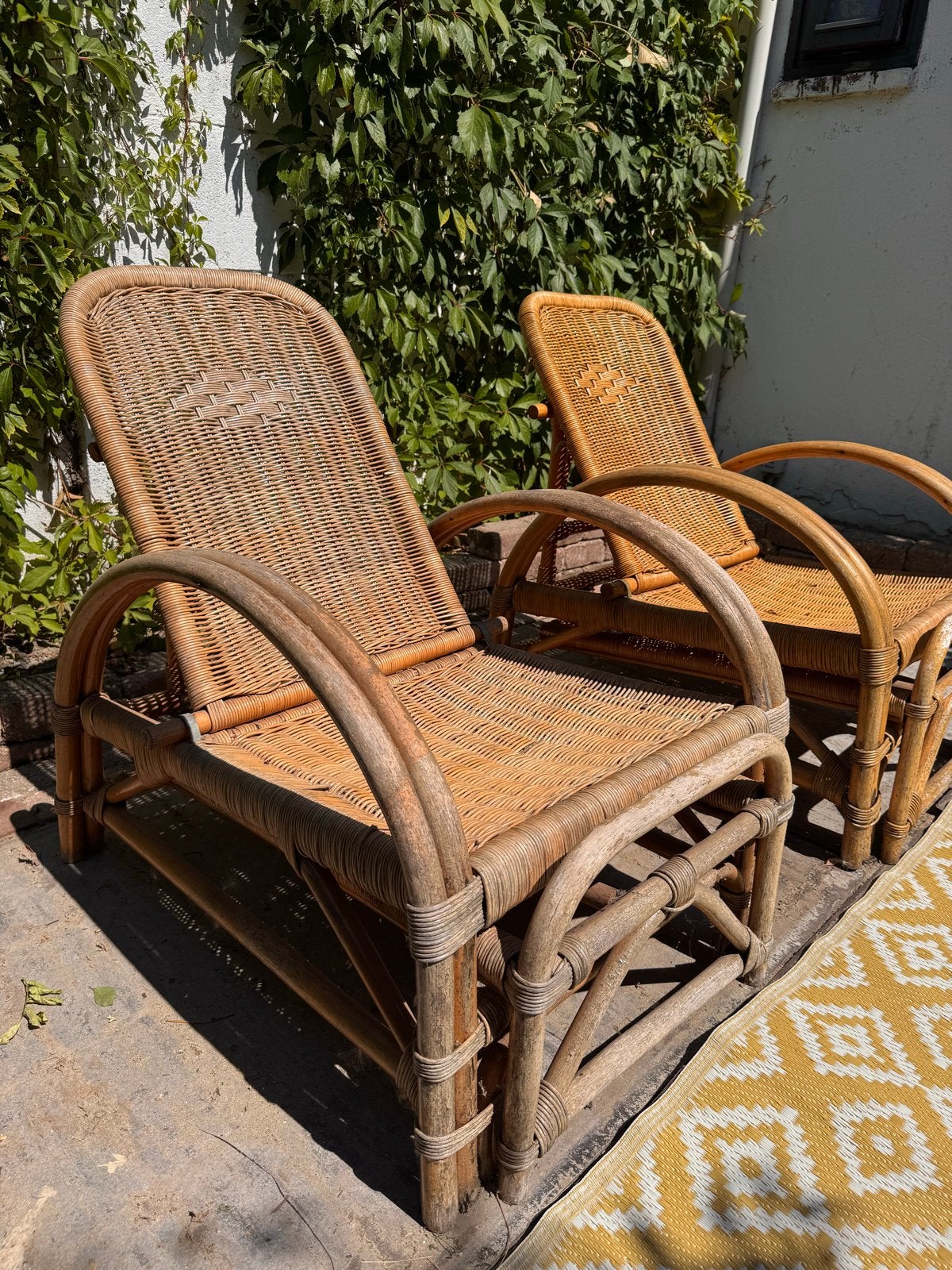 Set vintage rotan verstelbare ligstoelen voor in de tuin, Tuin en Terras, Ligbedden, Ophalen, Gebruikt, Rotan