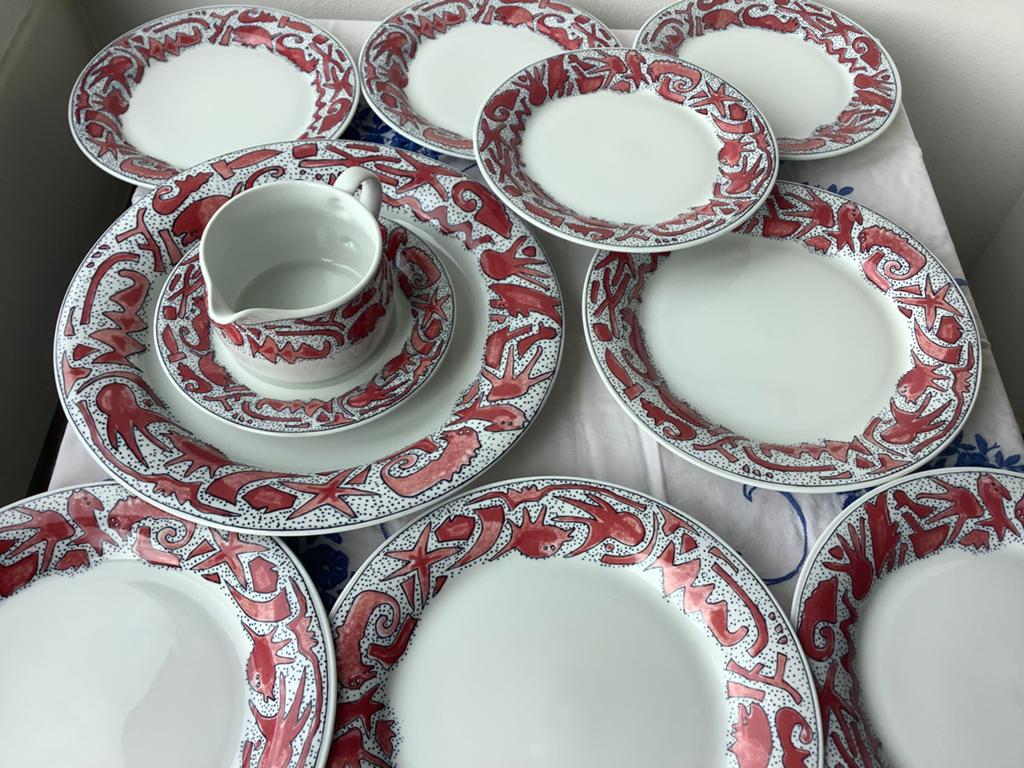 Visservies met decoratieve rand, Huis en Inrichting, Keuken | Servies, Ophalen of Verzenden, Zo goed als nieuw, Porselein, Overige stijlen