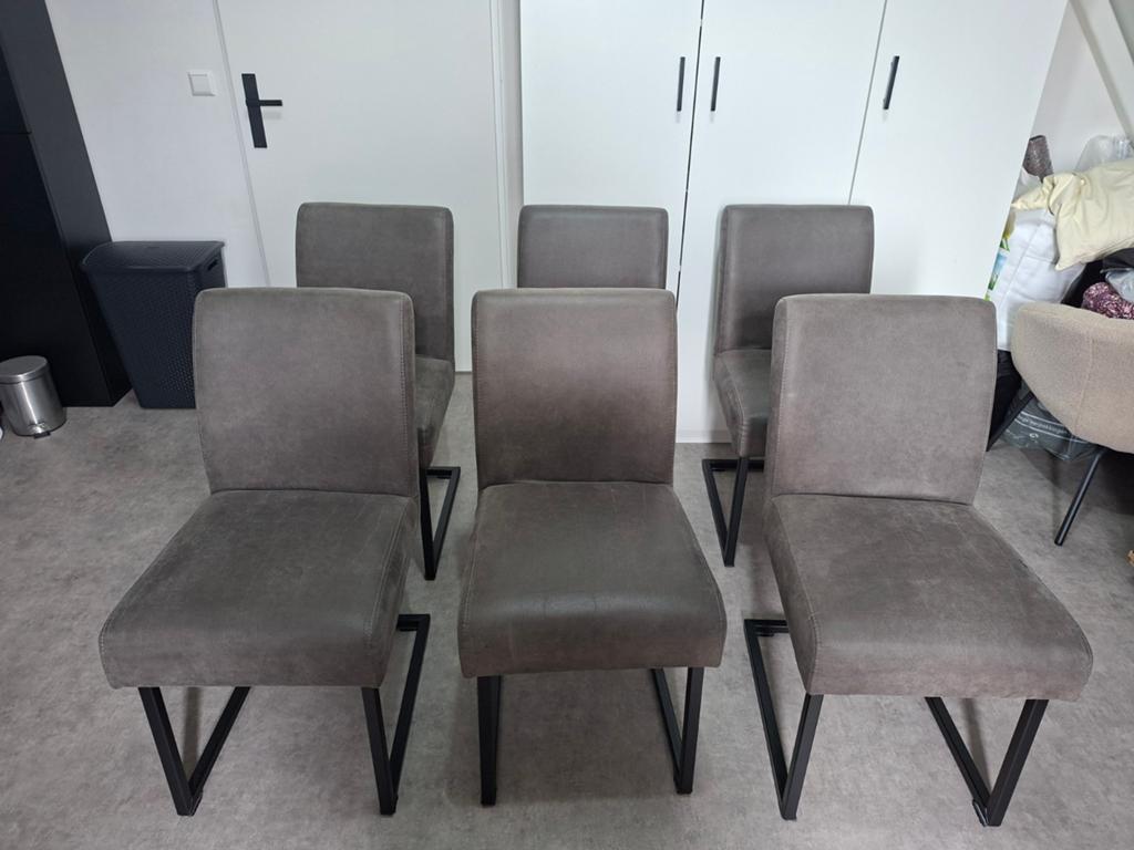 6 comfortabele eetkamerstoelen - Grijs/Bruin, Huis en Inrichting, Stoelen, Ophalen, Gebruikt, Vijf, Zes of meer stoelen, Stof
