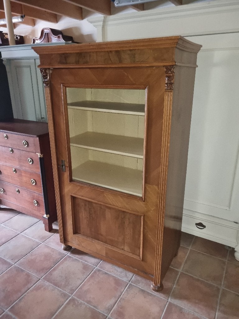 Prachtige Antieke Noten Vitrine Boeken Kast, Ophalen of Verzenden