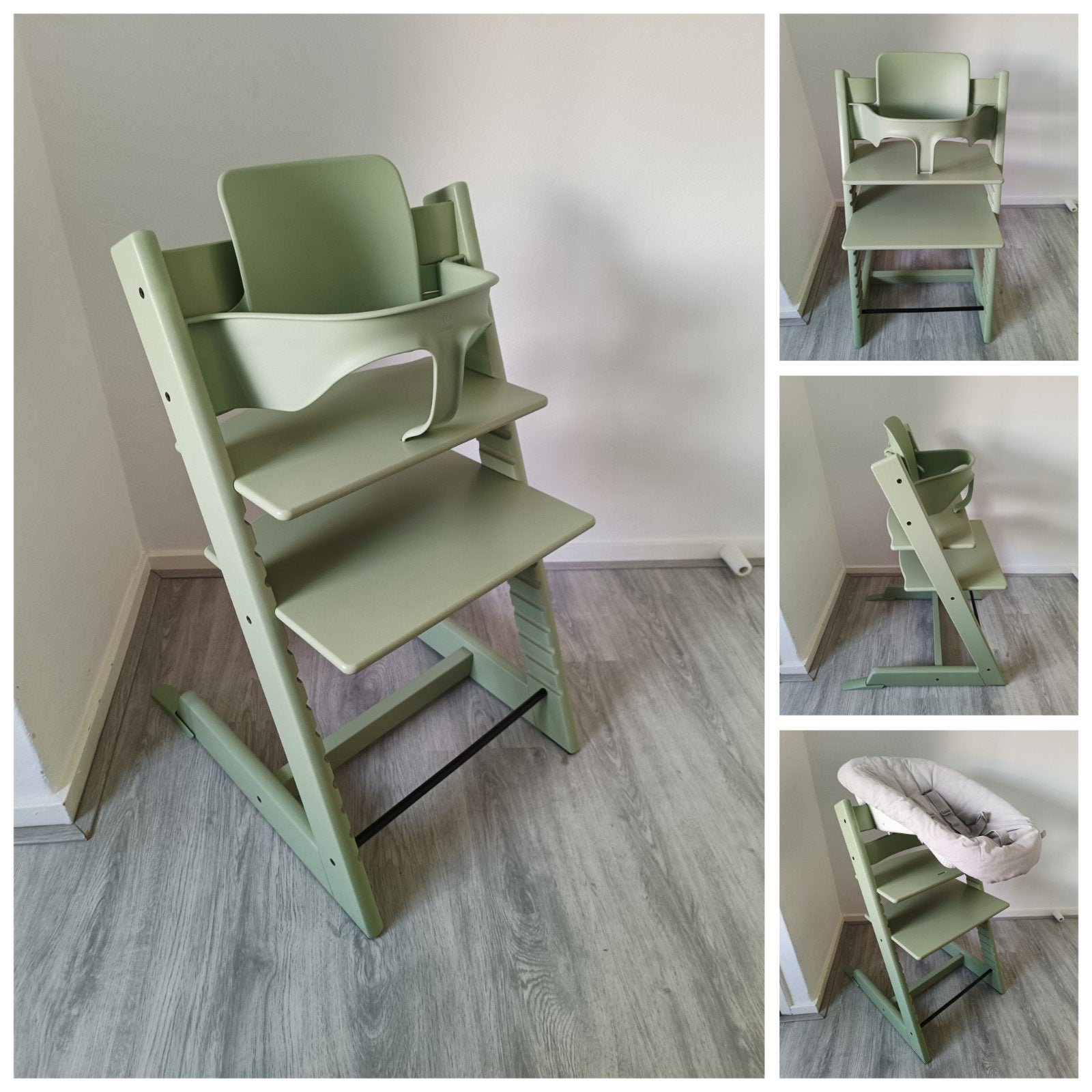 Stokke Tripp Trapp moss green+babyset, 2 standen newbornset, Meegroeistoel, Ophalen of Verzenden, Zo goed als nieuw, Stokke Tripp Trapp