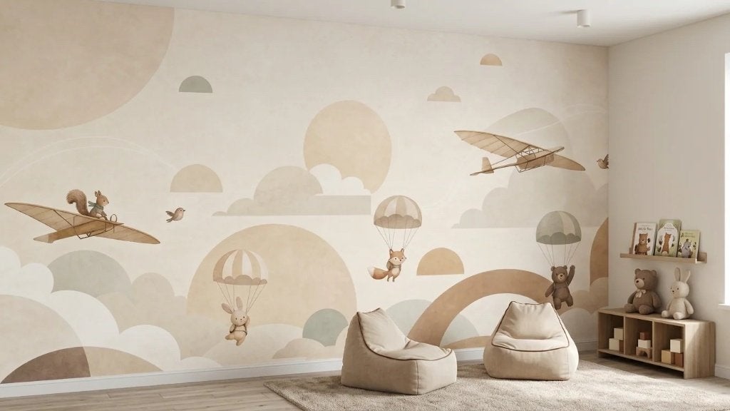 Fotobehang kinderkamer – vliegtuigen met parachutedieren, Overige patronen, Meerkleurig, Natuurlijk, Overige merken
