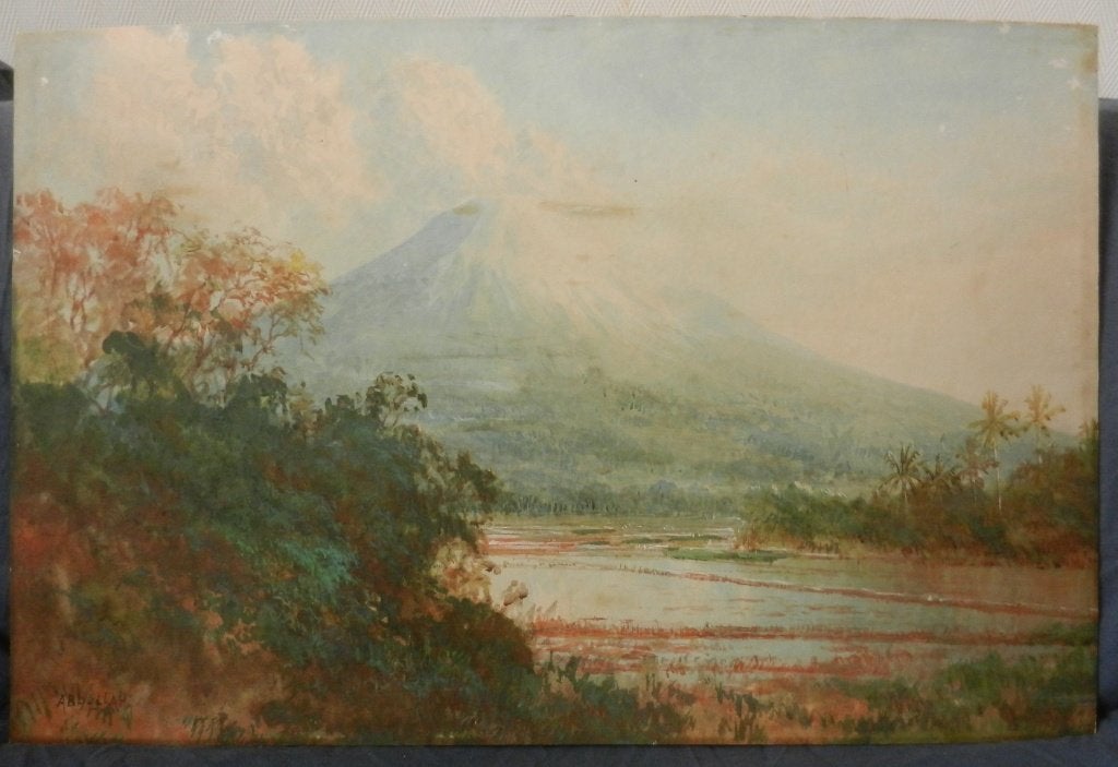 Aquarel Landschap Indonesië Suriosubroto Abdullah hxb 48x73, Origineel werk, Overige ondergronden, Impressionistisch, Ophalen of Verzenden