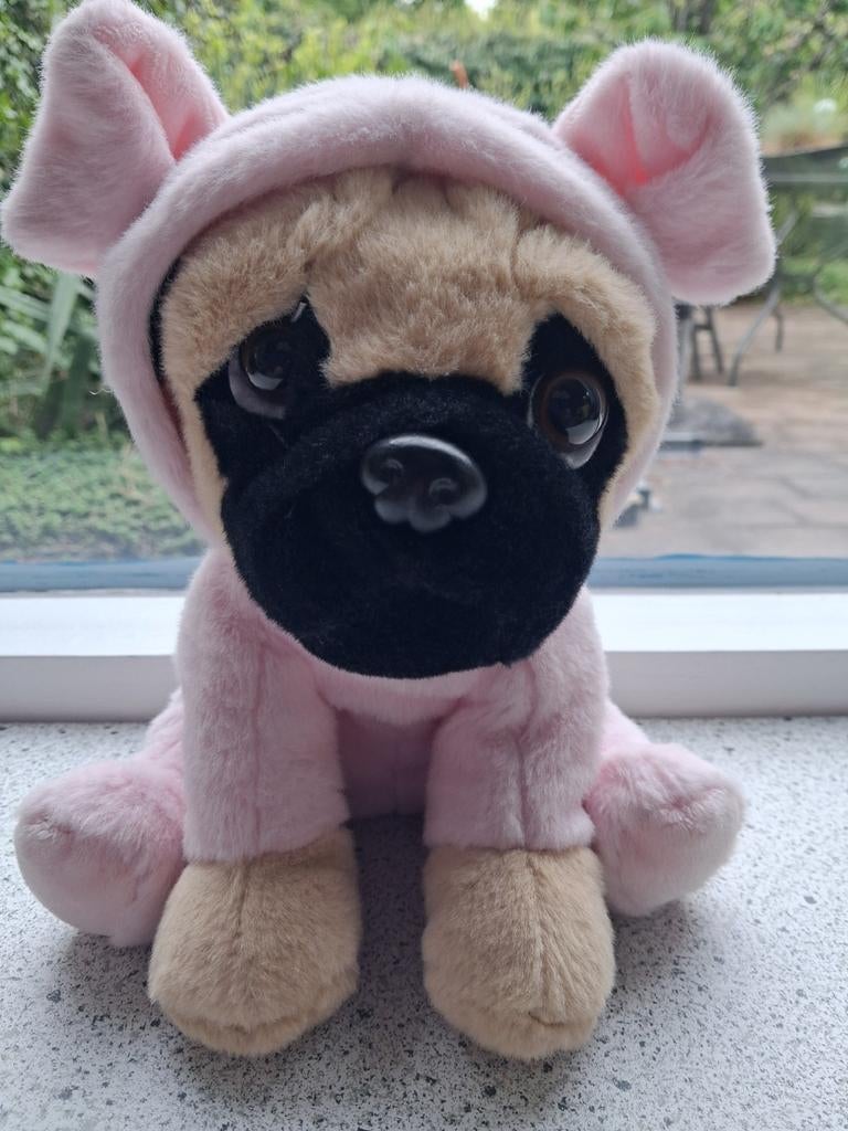 Buldog hond in roze velours pakje merk Paws, Wasbaar, Zo goed als nieuw, Middelgroot (20 tot 80 cm), Hond