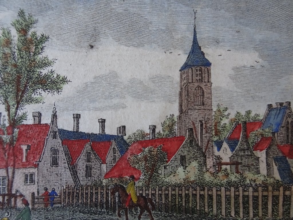 Gravure kleur zicht Nieuw Hellevoetsluis kerk Bendorp 1793, Verzenden, Stadsgezicht, Gravure, 1700 - 1799
