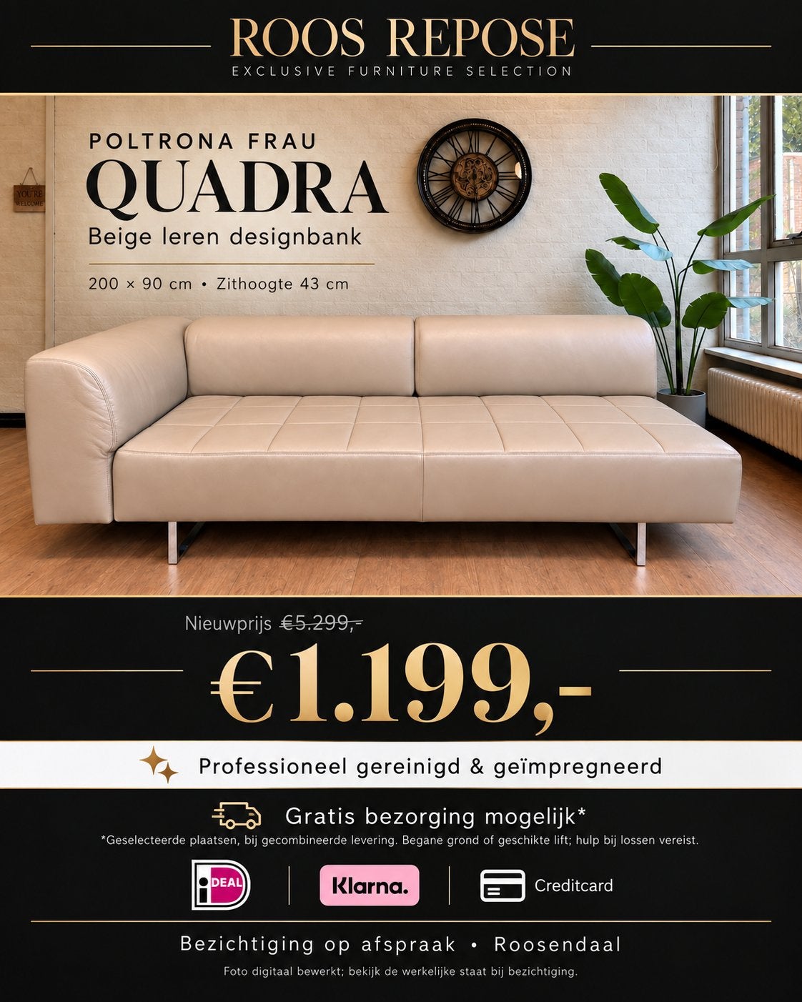 Poltrona Frau Quadra leren designbank | Beige | €1.199, Tweepersoons, Ophalen of Verzenden, Zo goed als nieuw, Rechte bank