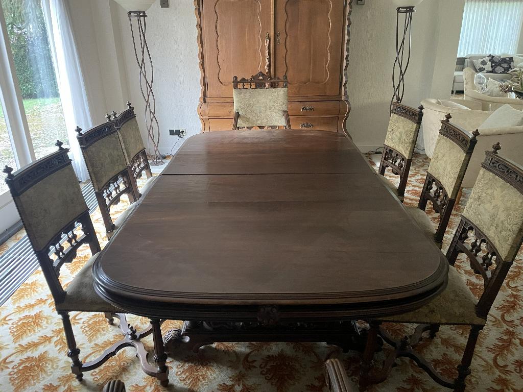 Vintage antiek eetkamer tafel 8 persoons met stoelen, Ophalen, Gebruikt