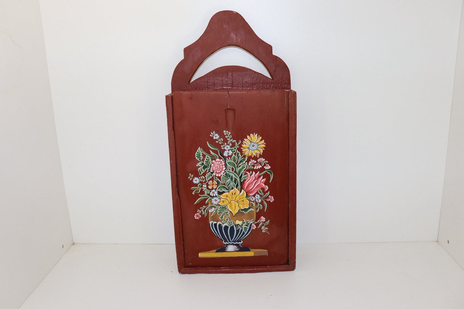Oude houten schooltas met bloemenbeschildering, Ophalen of Verzenden