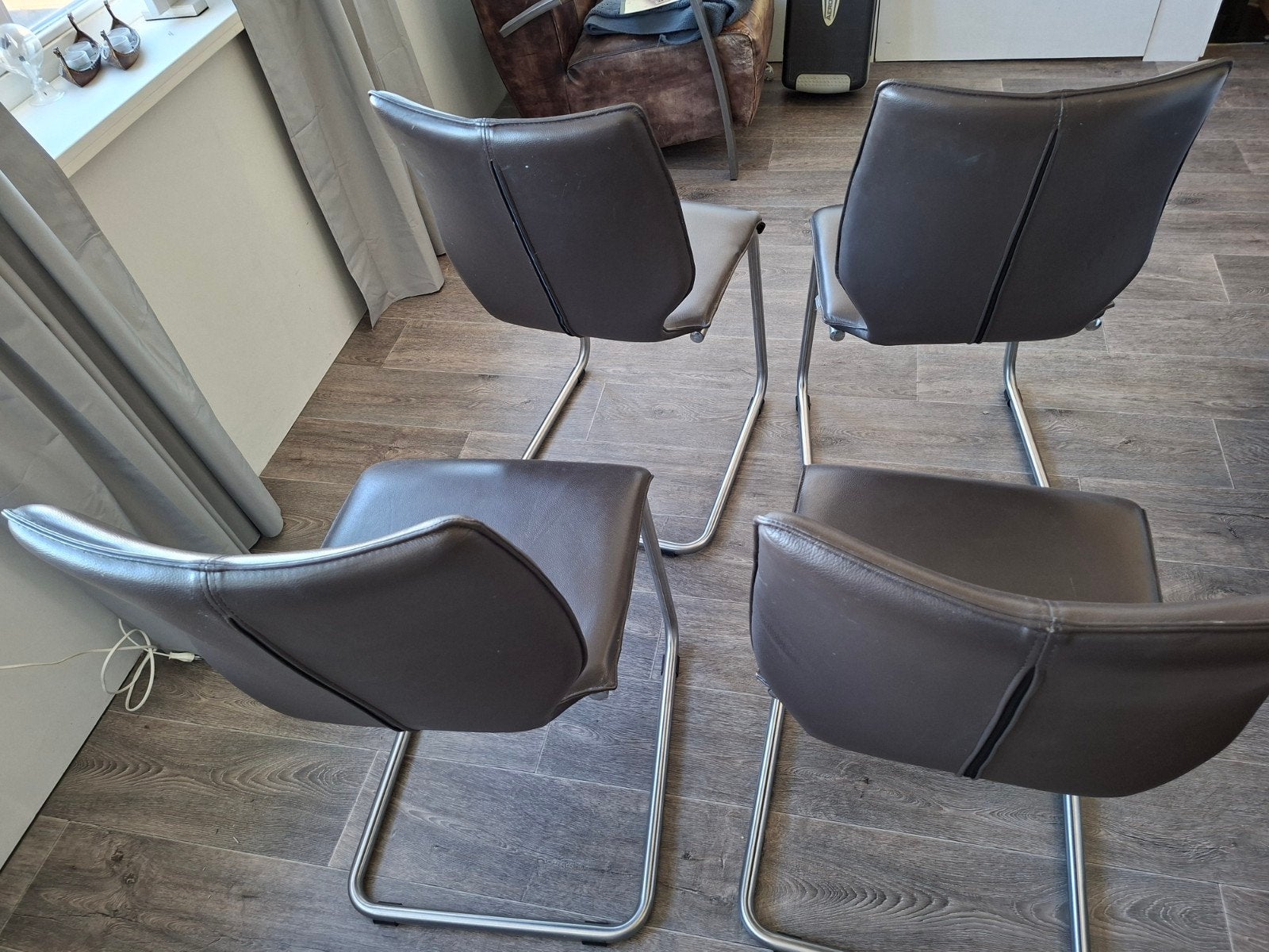 Set van 4 bruine leren eetkamerstoelen, Ophalen, Gebruikt, Bruin, Vier