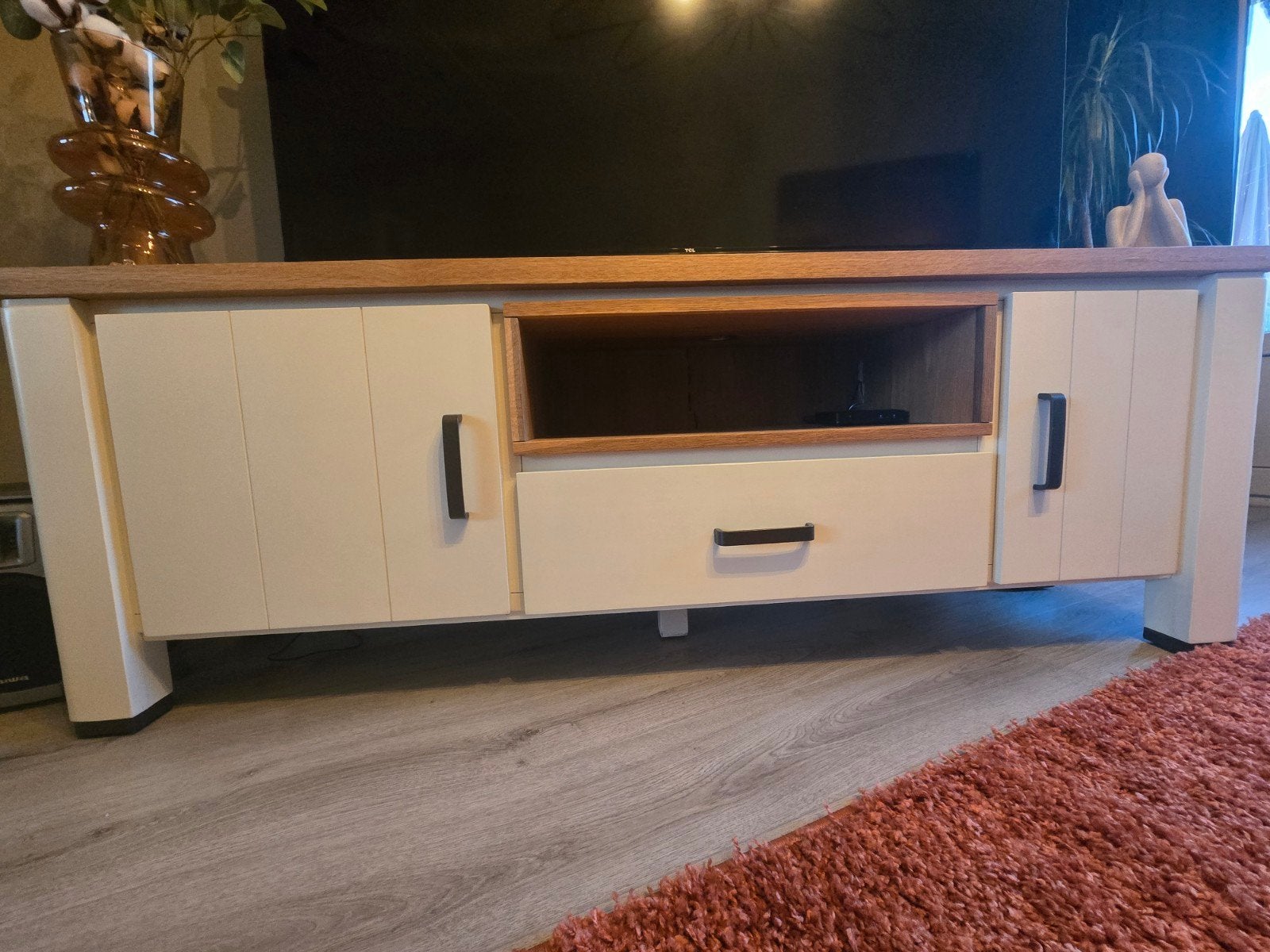TV Meubel Landelijk - Wit met massief eiken blad - 2 Deuren