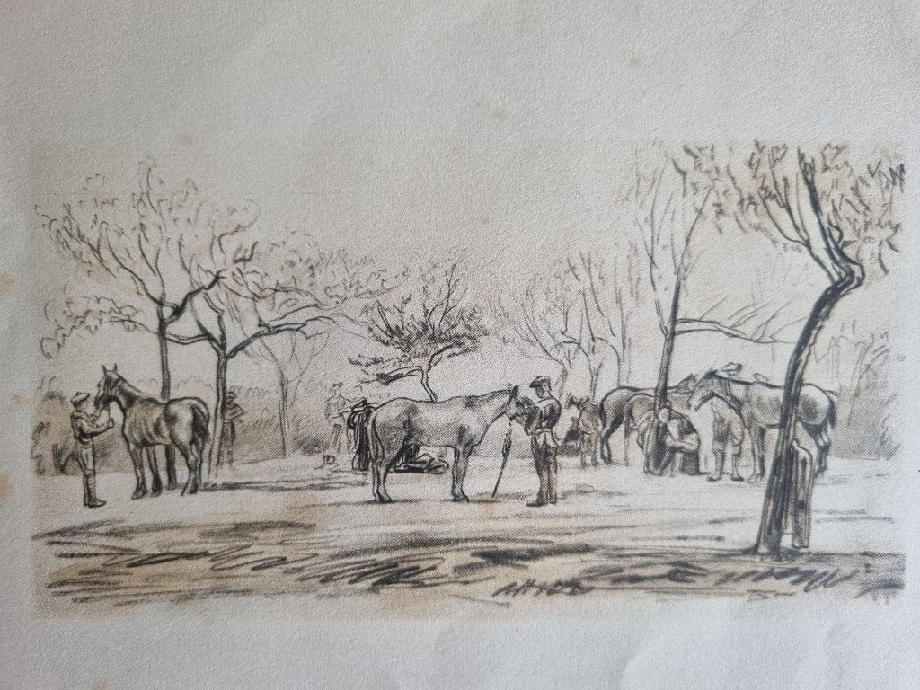 muirhead bone 1876–1953 transport horses in a french orchard, Ophalen of Verzenden