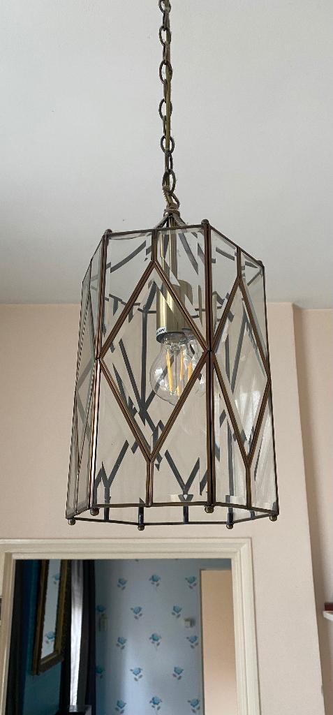 Retro glas in lood lamp, Huis en Inrichting, Lampen | Hanglampen, Ophalen, Zo goed als nieuw, Glas, Minder dan 50 cm