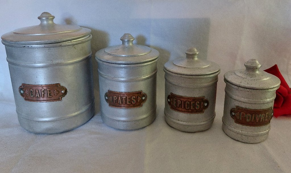 4 vintage Franse aluminium voorraadbussen, Verzenden