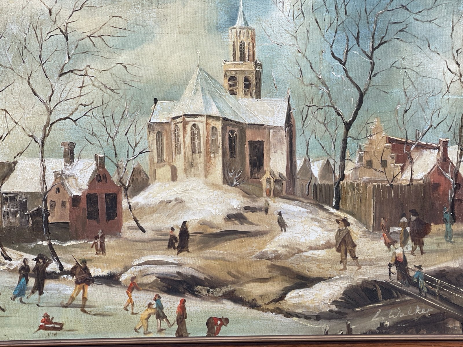 Schilderij L. Walker - Het dorp Midlum (57x71 cm), Doek, Ophalen of Verzenden, Gesigneerd, Olieverf