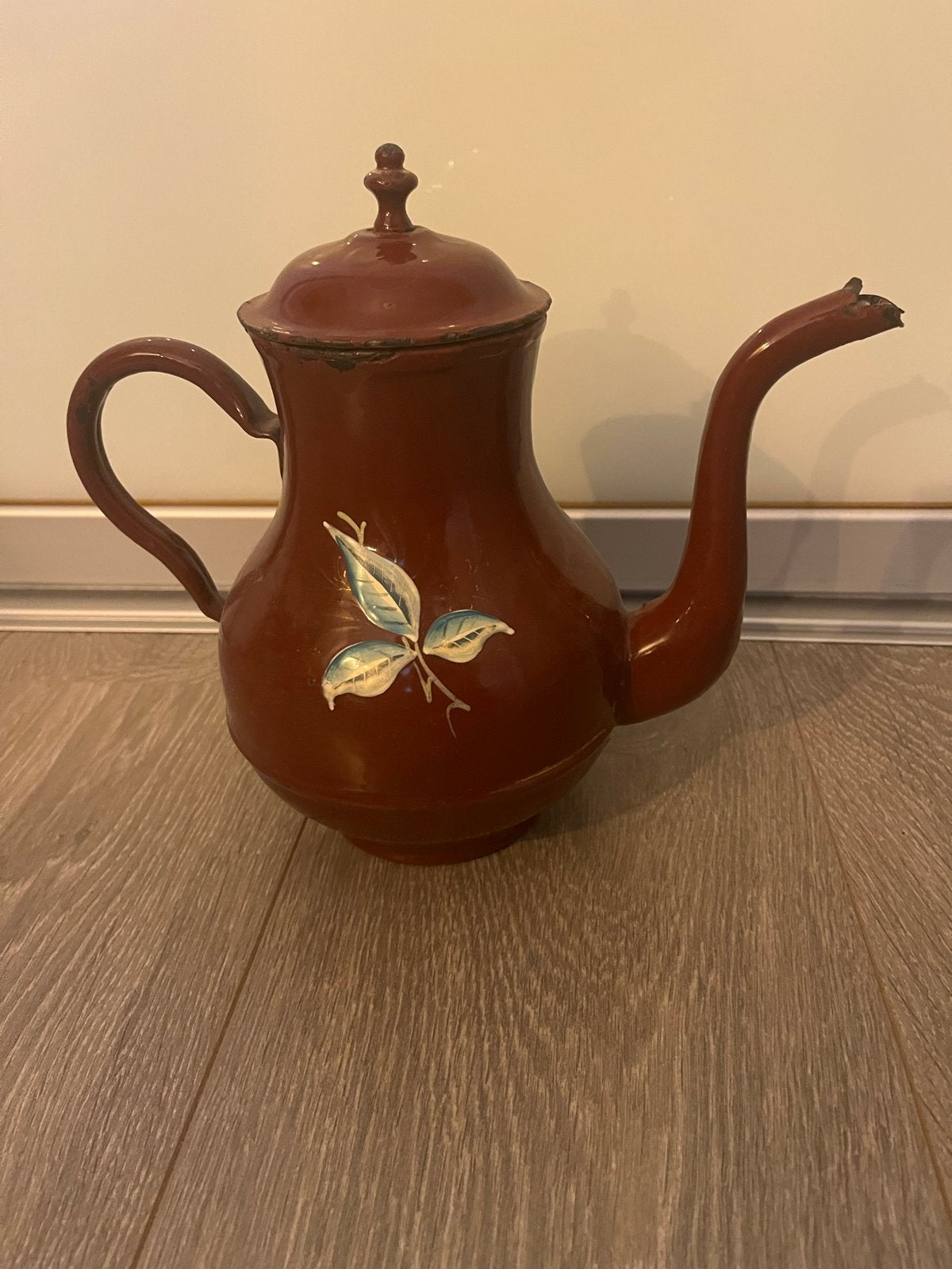 Antieke emaille koffiekan met bloemmotief, Ophalen of Verzenden