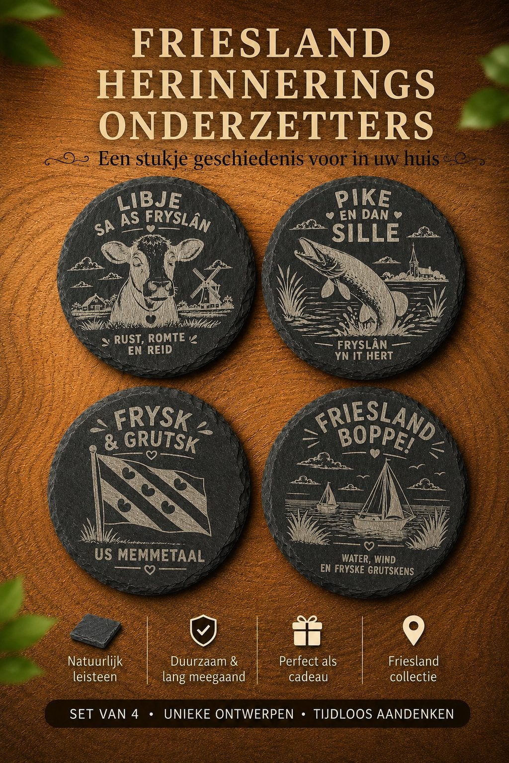 Friesland leisteen onderzetters, geschenk., Steen/keramiek, Glasonderzetter, Grijs, Nieuw