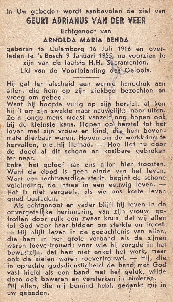 Veer Geurt 1916 Culemborg 1955 Den Bosch, Ophalen of Verzenden, Bidprentje