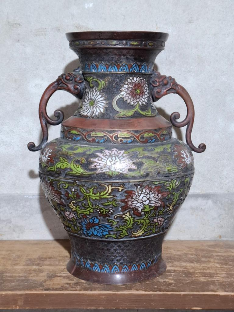 Oude antieke Chinese Cloisonne Campleve bronzen vaas emaille, Ophalen of Verzenden