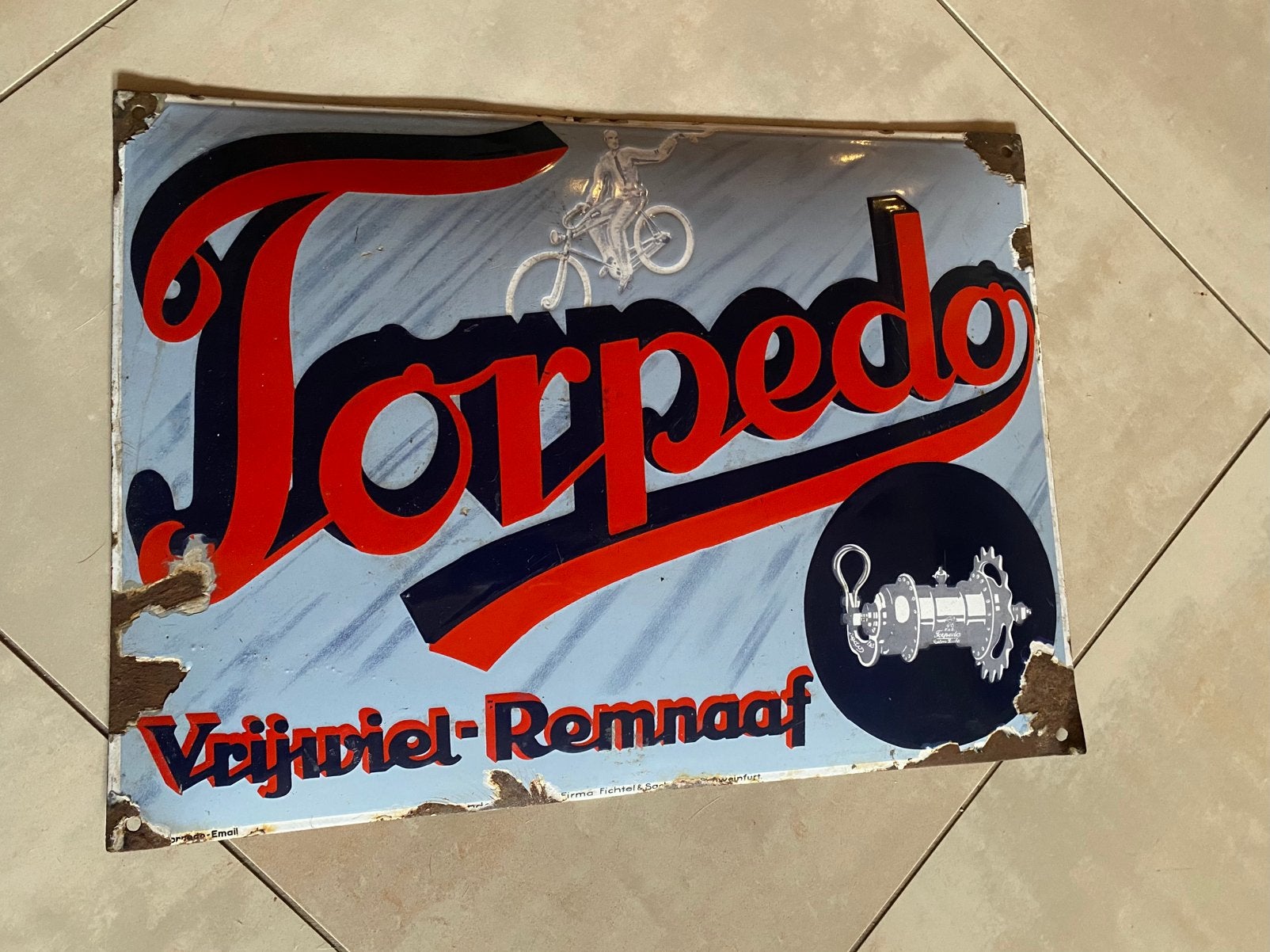 Bol ‘30 Torpedo Vrijwiel-Remnaaf emaille reclamebord, Ophalen
