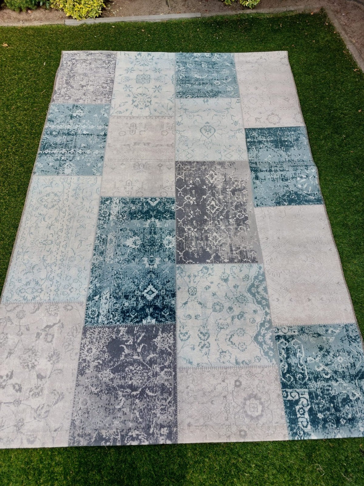 Mooi patchwork vloerkleed 160x230 cm, laagpolig, Ophalen, Grijs, Gebruikt, 150 tot 200 cm
