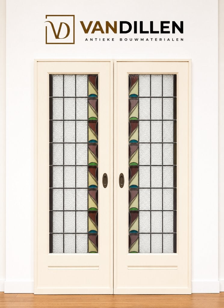 2 sets antieke ensuite schuifdeuren glas in lood art deco, Doe-het-zelf en Verbouw, Deuren en Horren, Gebruikt, 120 cm of meer