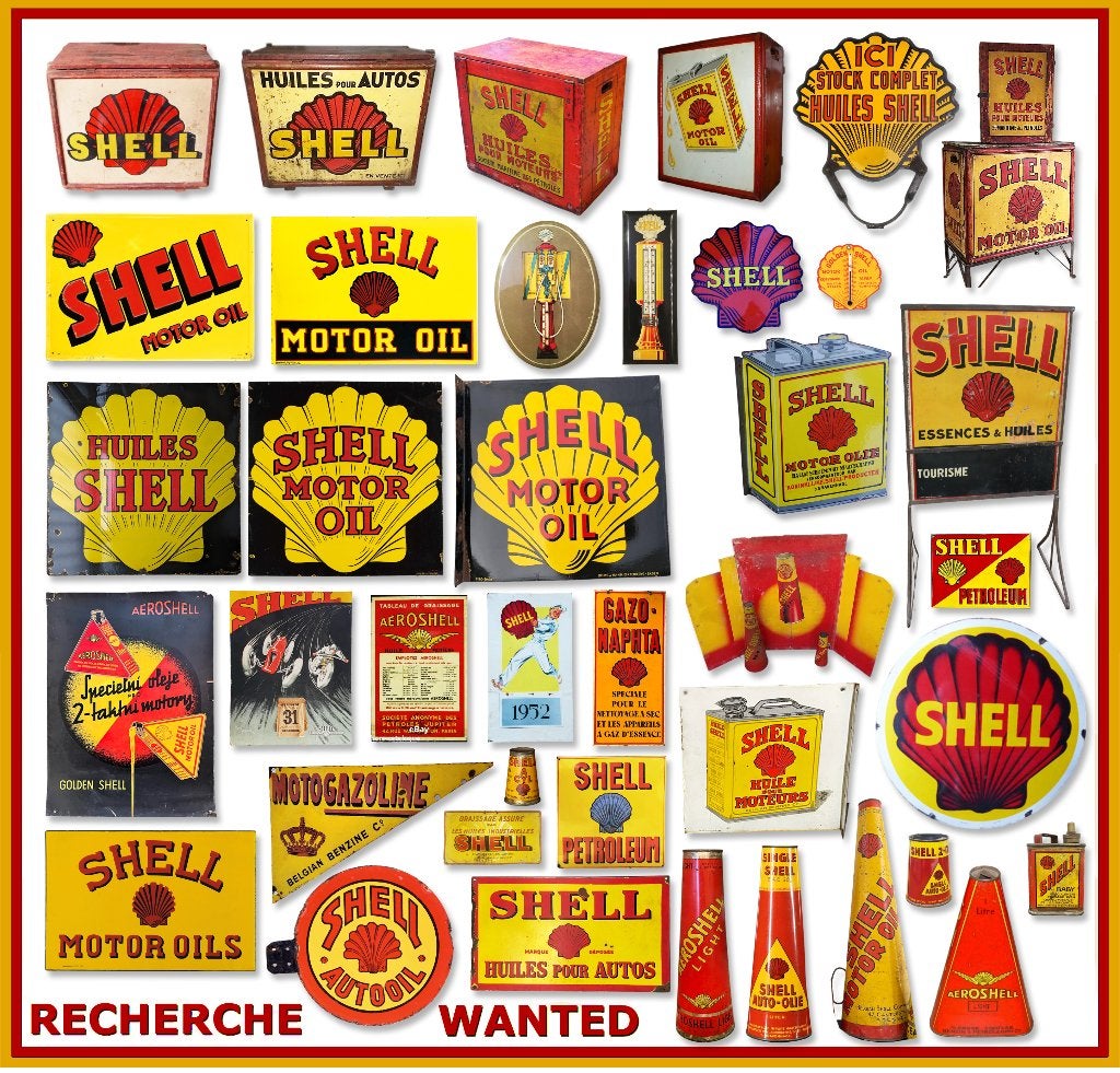 gezocht emaillebord shell reclamebord olie blik, Verzamelen, Ophalen, Gebruikt, Reclamebord