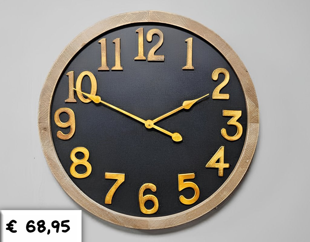 Landelijke Houten Wandklok Zwart & Goud - Ø 60 cm, Ophalen, Overwijk Decoratie B.V. / Swiet Home, Wandklok, Nieuw