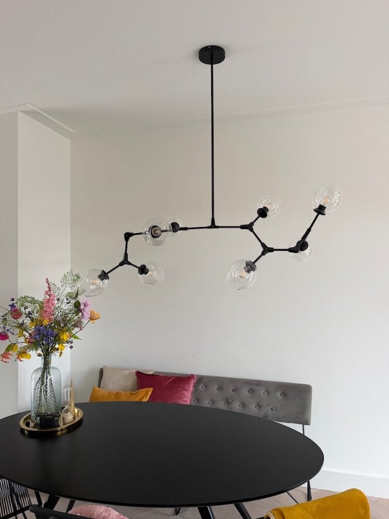 Moderne zwarte "Sputnik" hanglamp met 8 st glazen bollen, Ophalen, E27 (groot), Zo goed als nieuw, Glas