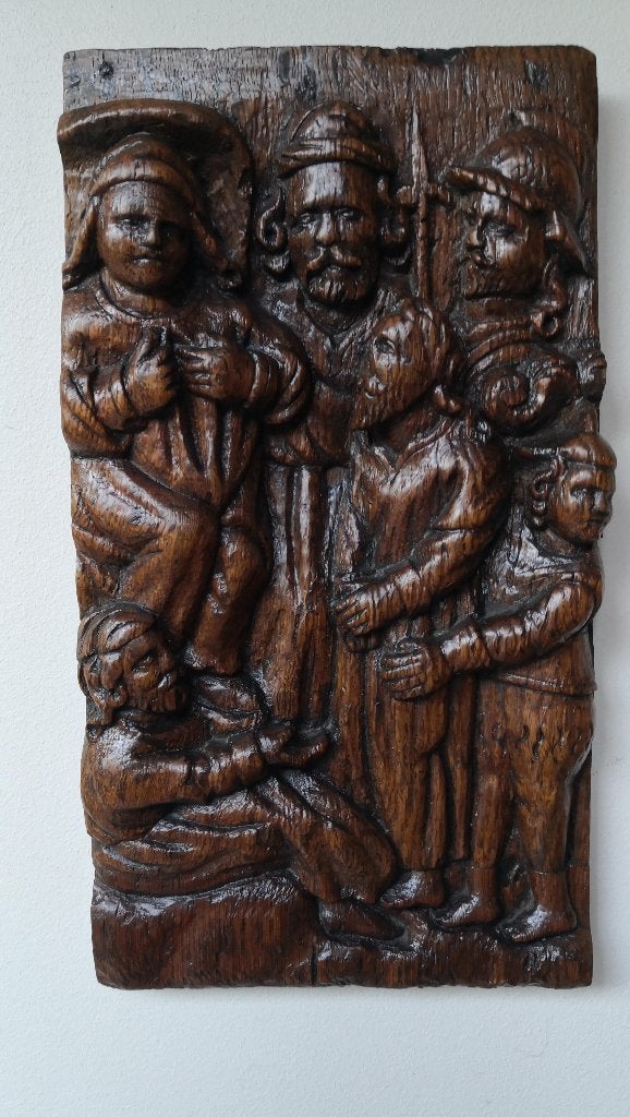 Houtgesneden reliëf met Jezus en Kajafas-16de eeuw, Houtsnijwerk, Ophalen of Verzenden, Hout, Europa