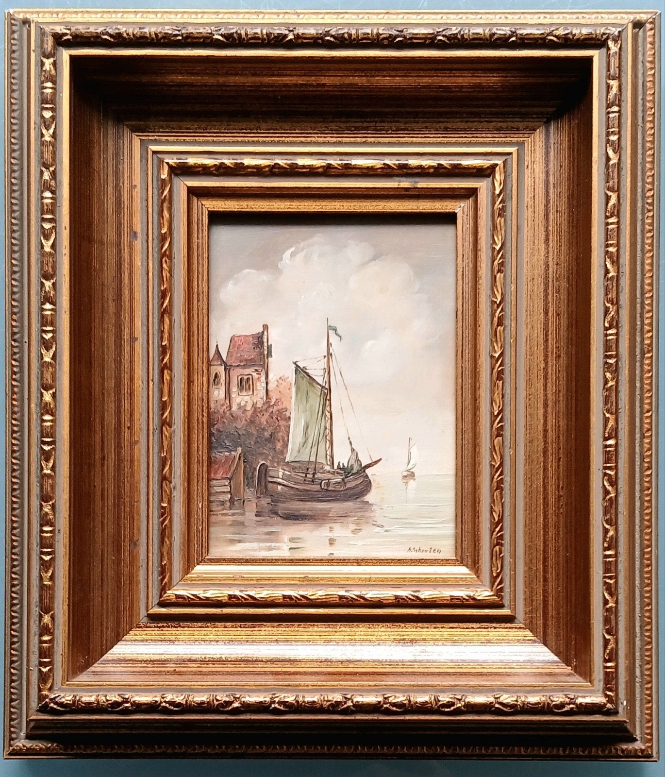 Oud Hollands Schilderij: Zeilschip aan de kade, Oud hollands, Origineel werk, Ophalen of Verzenden, Olieverf