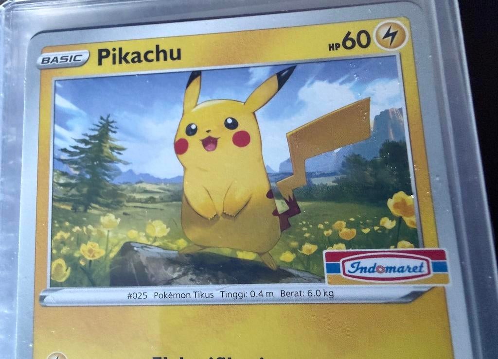 Pikachu Indomaret Stamp Promo Kaart Pokémon, Ophalen of Verzenden, Gebruikt, Losse kaart, Foil