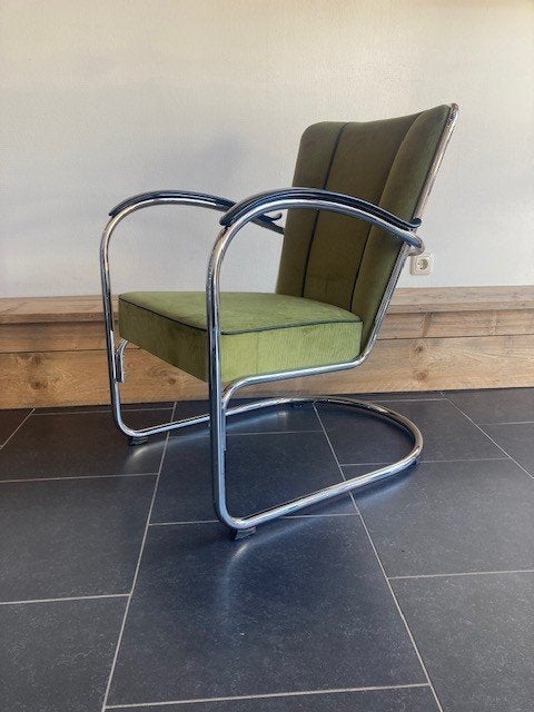 Gispen 412 fauteuil, chroom, nieuwe lime groene ribstof, Design, 75 tot 100 cm, Zo goed als nieuw, Stof