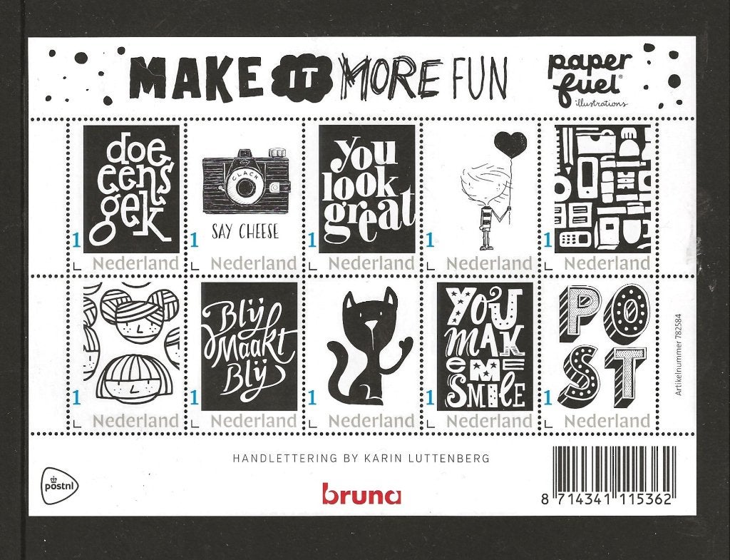 Vel persoonlijke zegels Bruna Make it more Fun, postf, Ophalen of Verzenden, Postfris