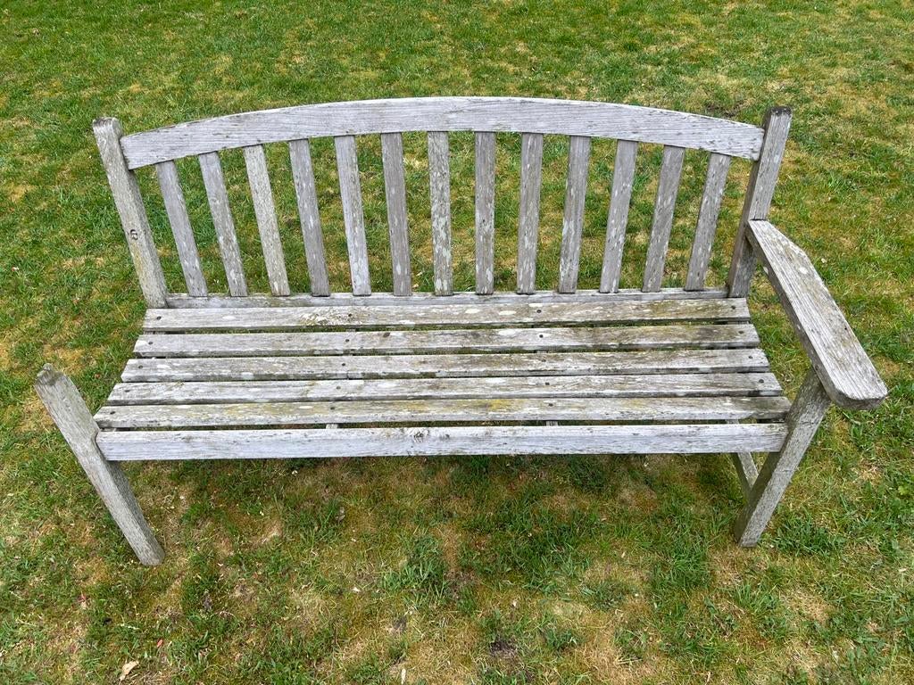 Teak houten tuinbank. Opknapper! 1.50 m breed., Tuin en Terras, Tuinbanken, Ophalen, Gebruikt, Teakhout