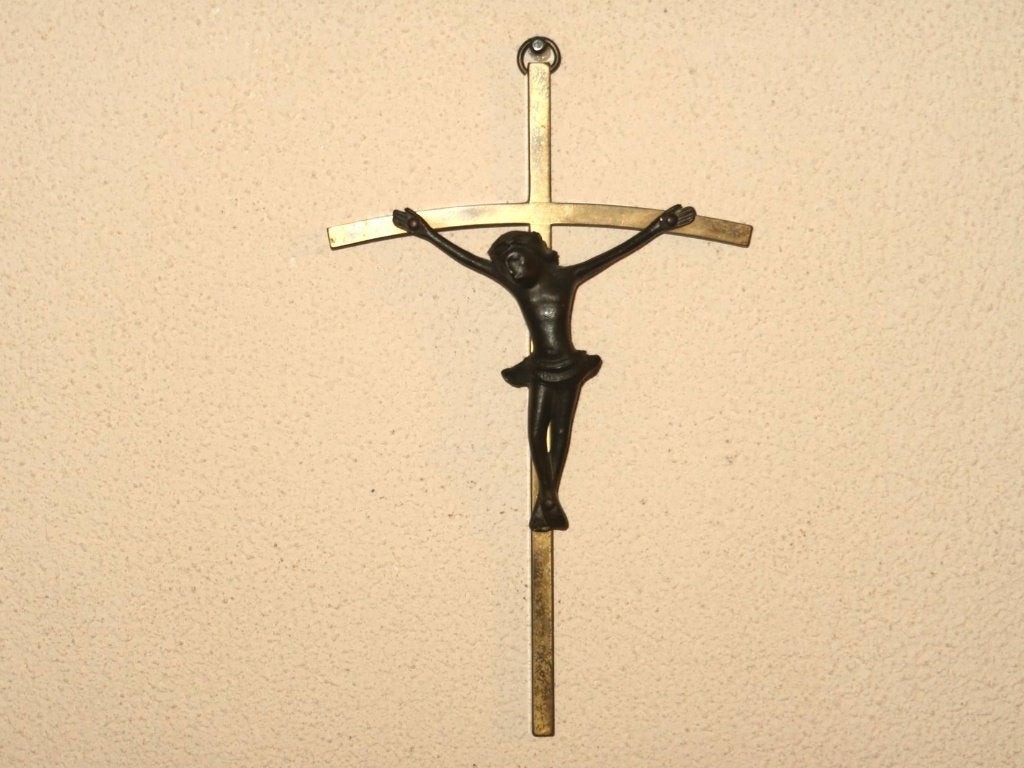 vintage Corpus Christi, crucifix Jezus kruis brons & messing, Verzenden, Zo goed als nieuw, Beeld(je), Christendom | Katholiek