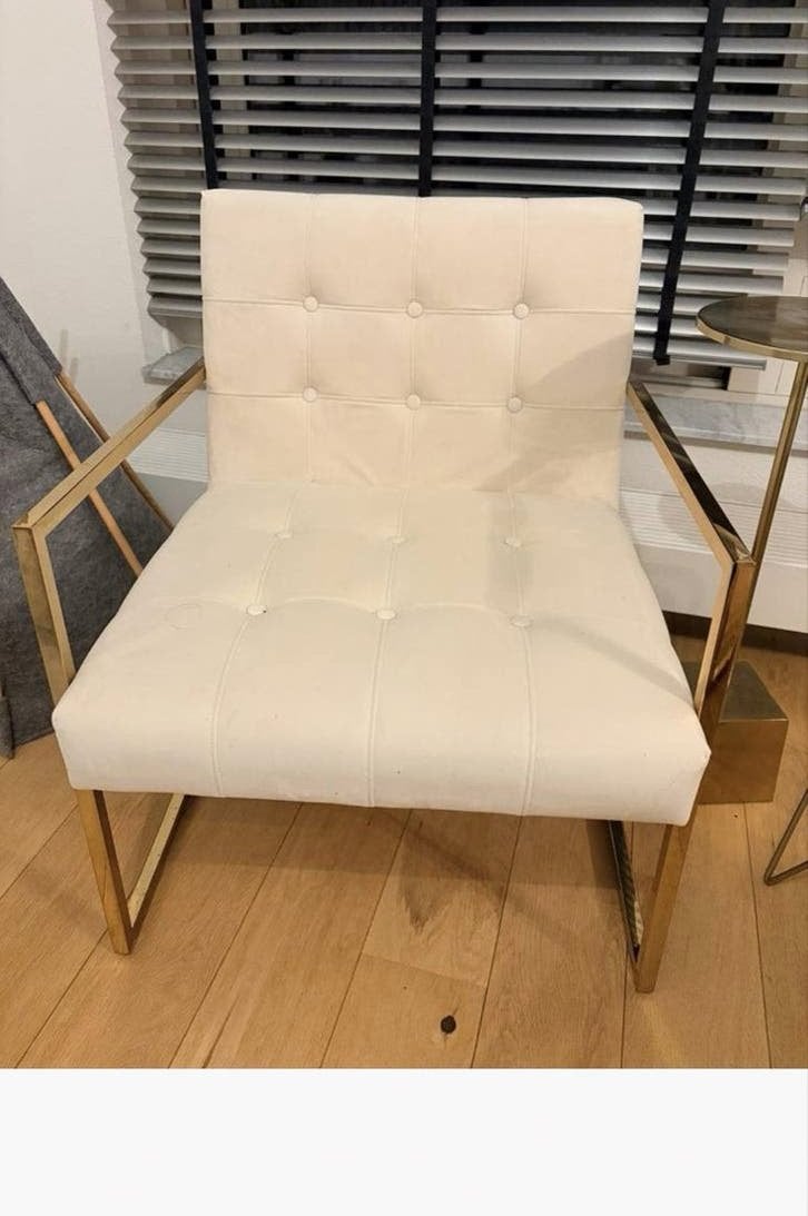 Luxe Crèmekleurige Fluwelen Fauteuil - zo goed als nieuw, Ophalen, 75 tot 100 cm, Zo goed als nieuw, Metaal