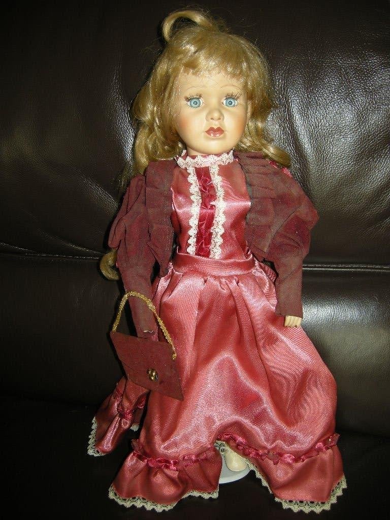 Oude porseleinen pop, roze jurk 40 cm, zie mijn andere poppe, Antiek en Kunst, Ophalen of Verzenden