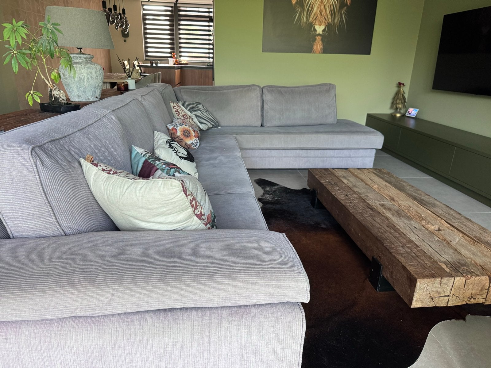 Comfortabele Hoekbank in Ribstof - Grijs, Ophalen, Gebruikt, 100 tot 125 cm, Hoekbank