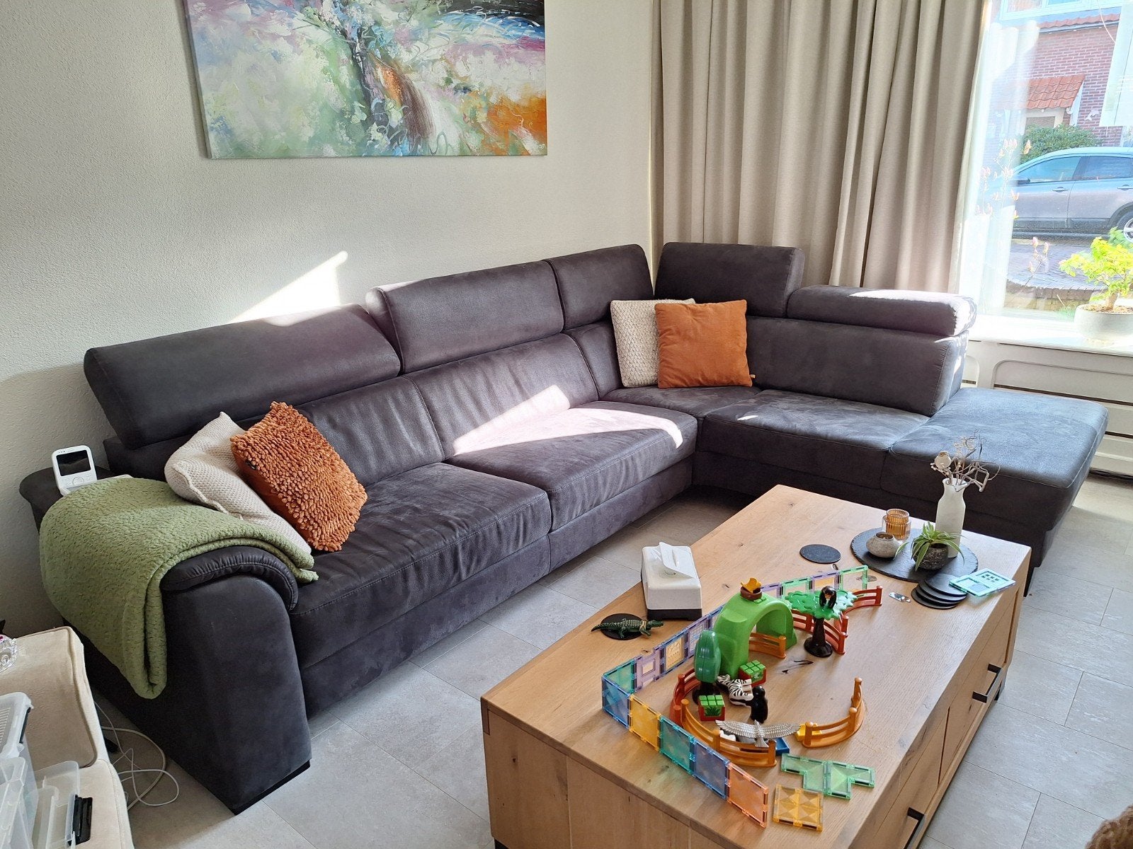 TE KOOP: Mooie ruime hoekbank, Ophalen, Gebruikt, Stof, Industrieel